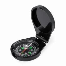 A black compass with a transparent cover, featuring a dial with cardinal directions in green and white.