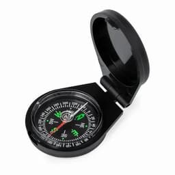 A black compass with a folding cover, featuring a circular dial with cardinal directions and degrees.