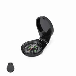 A black compass with a hinged lid, featuring a clear dial with cardinal directions marked.