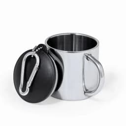 A drink bottle in stainless steel with a black lid and a carabiner clip attached for easy carrying.
