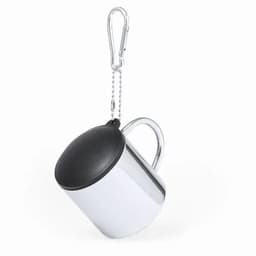 A drink bottle with a shiny silver body and a black cap, attached to a chain and clip.