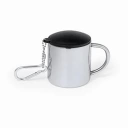 A drink bottle designed with a shiny silver finish and a black lid, featuring a chain and carabiner attachment.