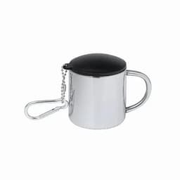 A travel mug in metallic silver with a black lid and a carabiner attachment, featuring a logo.