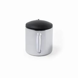A travel mug in silver with a black lid and handle, featuring a logo on its surface.