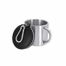 A travel mug in silver metal with a black lid and a carabiner attachment. Features a handle and includes a logo.