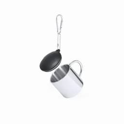 A travel mug in silver with a black lid and a carabiner clip attached.