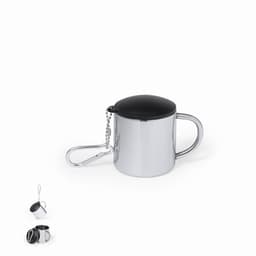 A drink bottle in a stainless steel finish with a black lid and a chain for attachment. It features a handle.