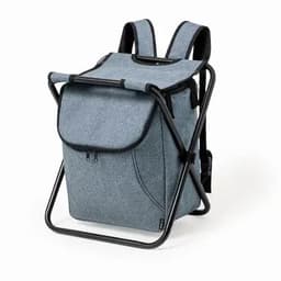 A backpack cooler with a sturdy frame, featuring a grey fabric exterior and adjustable shoulder straps.