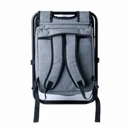 A backpack in grey fabric with adjustable straps and a black frame. Features multiple storage pockets.