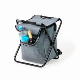 A grey insulated cooler bag with a handle and a bottle of water and a wine bottle in the front pocket.