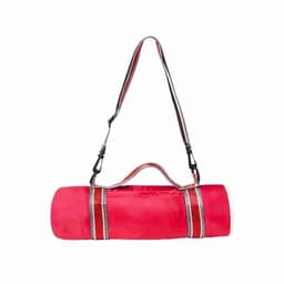 A pink carry bag features a long strap and striped detailing, designed for easy transport. It has a branding logo.