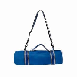 A blue yoga mat with a carrying strap and handles, featuring a smooth surface and grey accents.