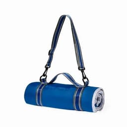 A rolled-up blue mat with a detachable strap, featuring black and silver detailing. It has a handle for easy carrying.