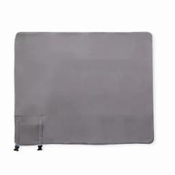 A grey promotional mat with adjustable straps on one side and a soft texture, featuring a simple design.