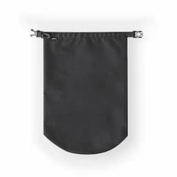 A waterproof bag in black, featuring a secure closure and clips for fastening. Ideal for keeping contents dry.