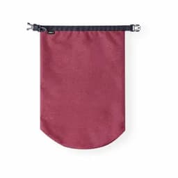 A drink bottle in a deep burgundy colour with a black fastening strap. It features a logo on the body.
