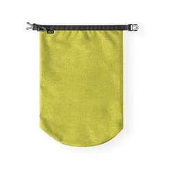 A yellow storage bag with a black strap and buckle closure. It features a branded logo.