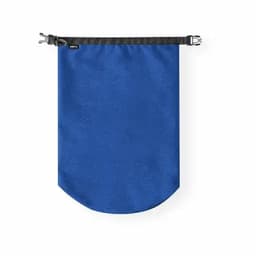 A drink bottle in a bright blue colour with a black drawstring closure and a logo.