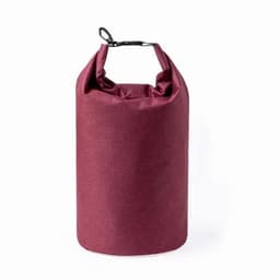 A drink bottle in a deep burgundy fabric with a secure strap at the top, featuring a circular, cylindrical shape.