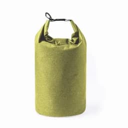 A drink bottle in a vibrant green fabric, featuring a secure drawstring top and a branding logo.