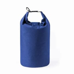 A drink bottle with a deep blue fabric cover and a drawstring closure. Features a sturdy design and a branding logo.