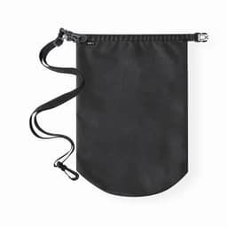 A black drawstring bag with a strap, featuring a secure closure at the top. It has a simple design and a logo.