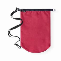 A red drawstring bag with a black strap and toggle. The bag has a simple design and features a logo.
