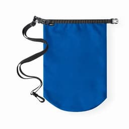 A blue drawstring bag with a black strap and a rounded bottom, featuring a logo on the side.