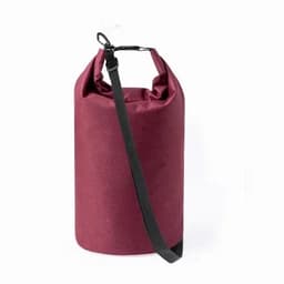 A burgundy drink bottle with a black strap and a loop top for easy carrying. It features a simple design.