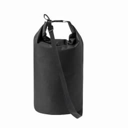 A black waterproof bag with a roll-top closure and an adjustable shoulder strap. It features a sturdy clip for securing.