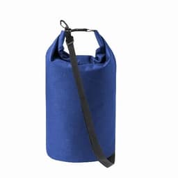 A drink bottle in a deep blue colour with a black adjustable strap and a roll-top closure. Features a logo.