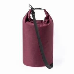 A burgundy dry bag with a rolled top and adjustable shoulder strap, featuring a black base and a clip.