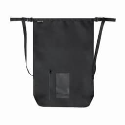 A black tote bag with straps, featuring a zippered pocket and a transparent window. It has a logo on the top.