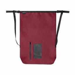 A drawstring bag in a deep red colour with a black zipper pocket and adjustable straps. Features a logo.