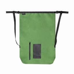 A green drawstring bag with a black zipper pocket and adjustable straps, featuring a logo on the top.