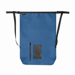 A blue drawstring bag with adjustable straps and a small zippered pocket. It features a transparent pocket on the front.