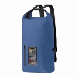 A blue backpack with a transparent front pocket for a phone, featuring two straps and a roll-top closure.