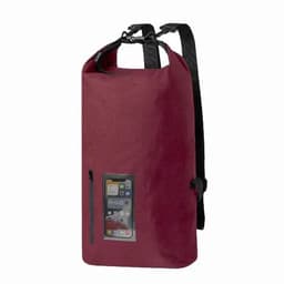 A burgundy waterproof bag with a clear phone pouch and black straps for easy carrying.