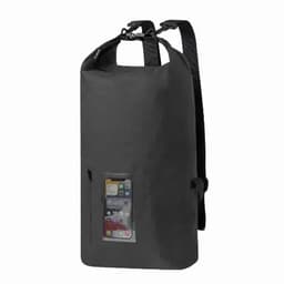 A black waterproof bag with shoulder straps and a clear phone pocket on the front.