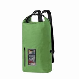 A green waterproof backpack with a transparent pocket for a phone, featuring adjustable black straps.
