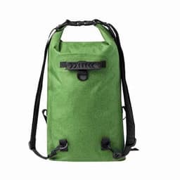 A green backpack with adjustable black straps and a roll-top closure, featuring a buckle and clip fastening.