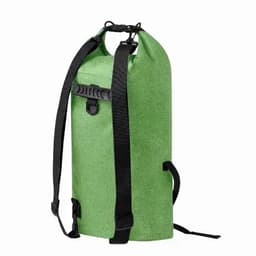 A green waterproof backpack with adjustable black straps and a roll-top closure. Features a plastic clip and a logo.