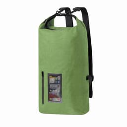 A green waterproof backpack with adjustable straps and a transparent pocket for a mobile device.