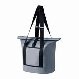 A grey tote bag with a roll-top design and black straps, featuring a front pocket. It includes a logo.
