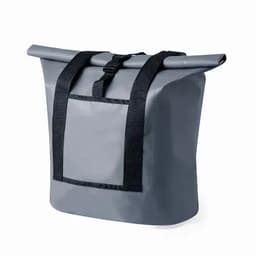 A grey waterproof bag with black straps and a front pocket, featuring a foldable top closure.