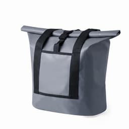 A grey waterproof bag with adjustable straps and a front pocket. It has a roll-top closure design.