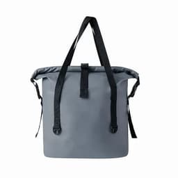 A grey waterproof bag with sturdy straps and a roll-top closure, featuring a logo on the front.