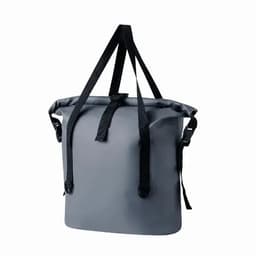A waterproof grey bag with black straps, featuring a roll-top closure and adjustable backpack straps.