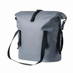 A grey waterproof bag with adjustable black straps and a roll-top closure. It has a simple design and a branding logo.
