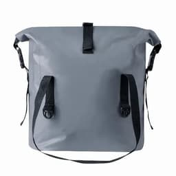 A grey waterproof bag with adjustable straps and a roll-top closure. It features clips for secure fastening.